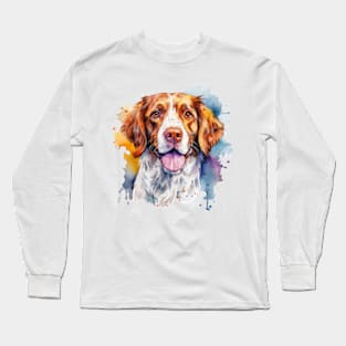 Colorful Brittany Dog Watercolor Art Long Sleeve T-Shirt